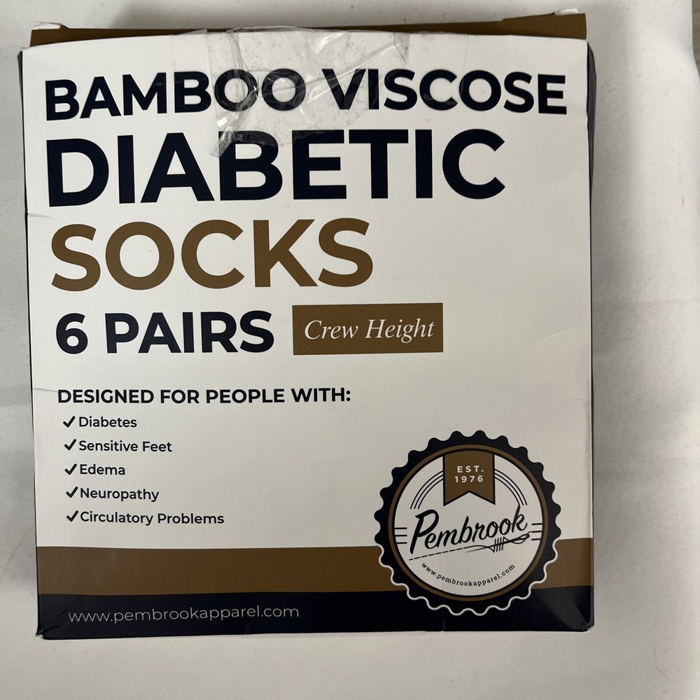 Pembrook Bamboo Diabetic Socks  6 Pairs Crew Length  Sz Medium Black